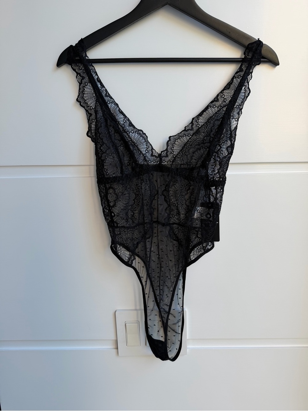 Lace Plunge V-Neck Teddy Bodysuit - Black. New with Tags